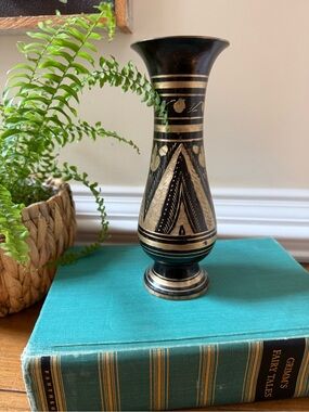 Vintage Black and Gold Etched Decorative Metal Vase